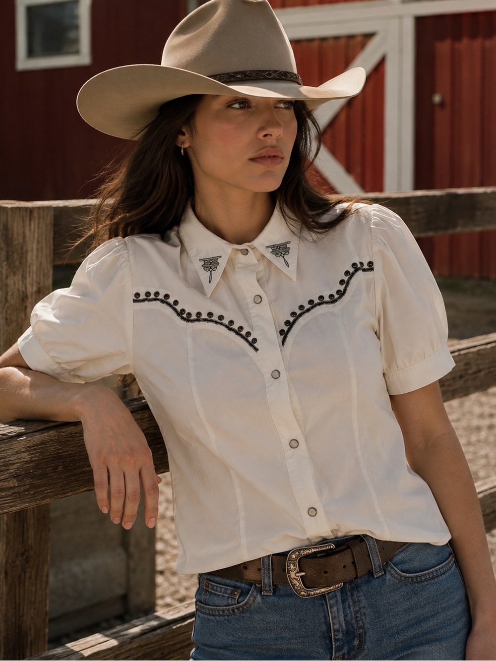 Vintage Inspired Ivory Short Sleeve Western Blouse Studded Cowgirl Top Rodeo